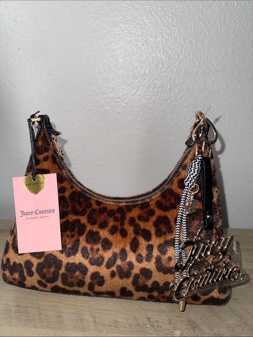 Juicy Couture Top Player Leopard Print Faux Fur Shoulder Bag~JC Logo Charm~NWT